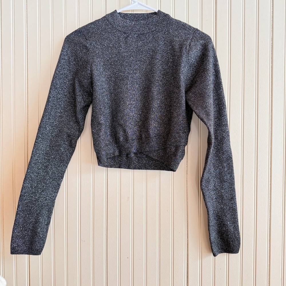 Express shimmer metallic Cropped Mock Neck modern chic Sweater, Dark Gray/Black